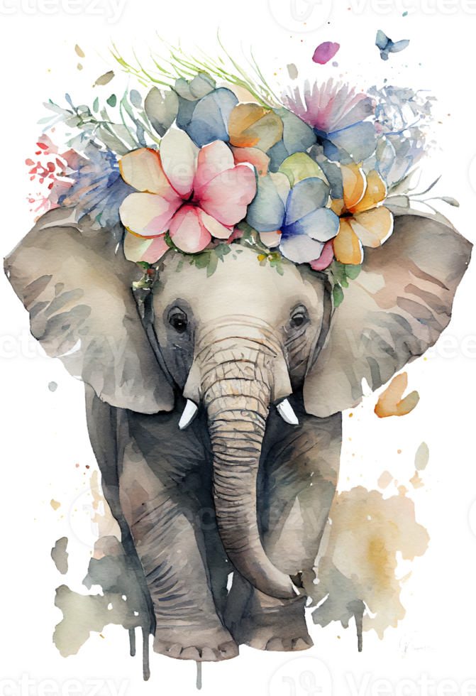 Watercolor cute hand drawn elephant, elephant in floral wreath, flowers bouquet, png