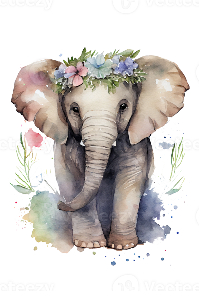 Watercolor cute hand drawn elephant, elephant in floral wreath, flowers bouquet, png