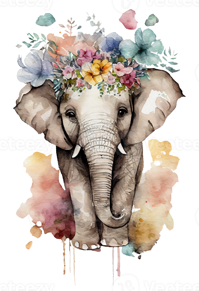 Watercolor cute hand drawn elephant, elephant in floral wreath, flowers bouquet, png