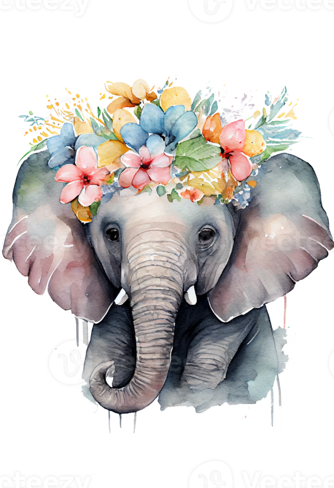 Watercolor cute hand drawn elephant, elephant in floral wreath, flowers bouquet, png