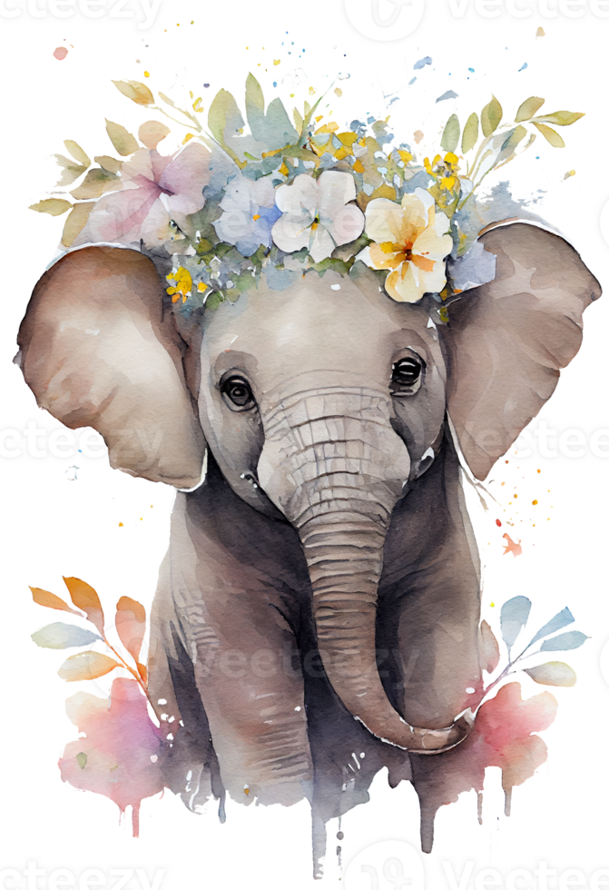 Watercolor cute hand drawn elephant, elephant in floral wreath, flowers bouquet, png