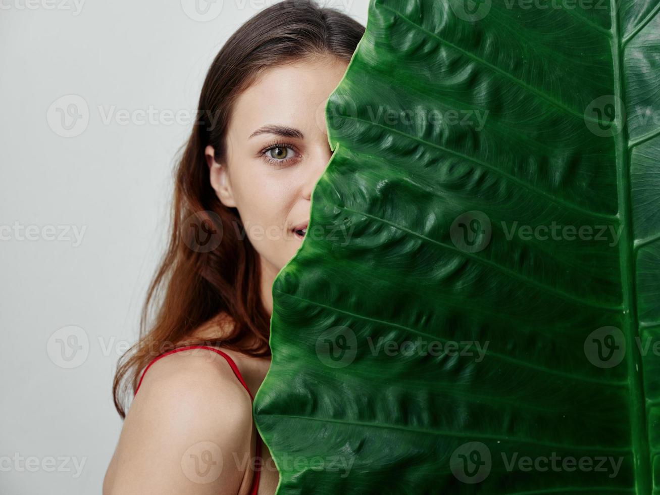 pretty woman with palm leaf half face light background photo