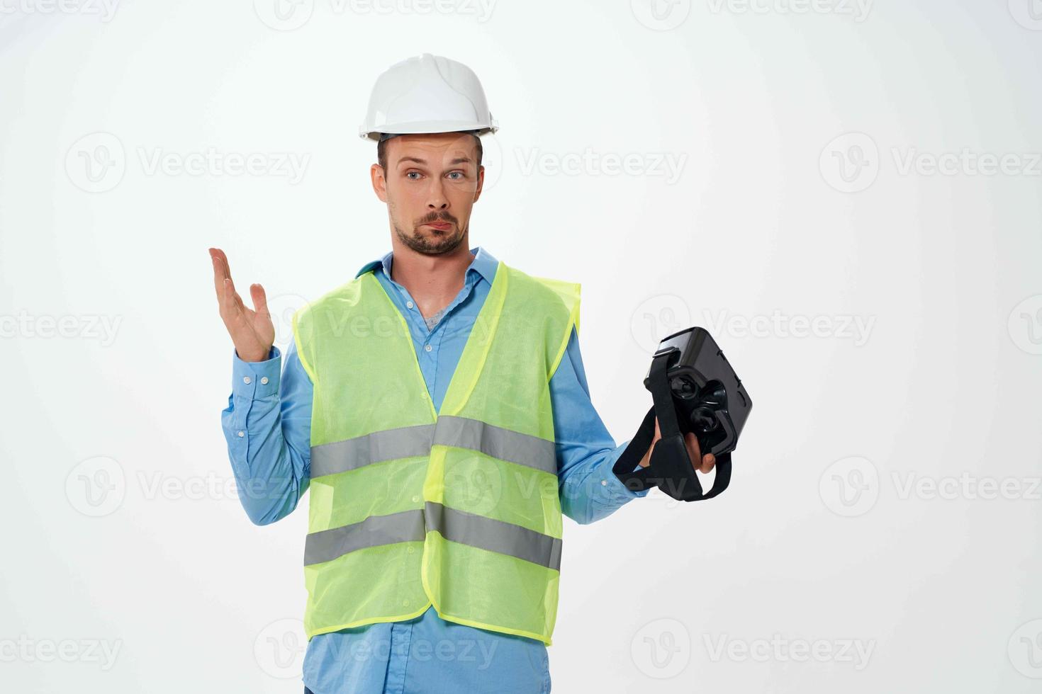 man in working uniform professional engineer drawing virtual reality glasses photo