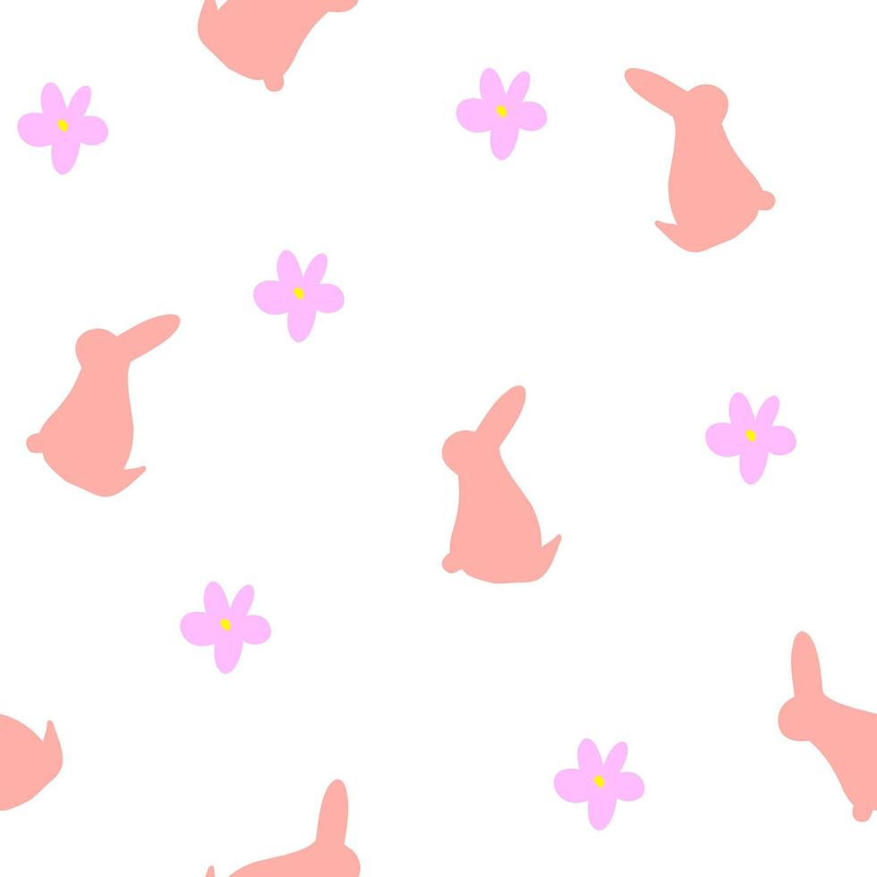 seamless pattern with rabbit silhouette and flowers on white background,tender spring print for wallpaper,cover design,packaging,kids fashion,baby illustration,nursery decor. vector