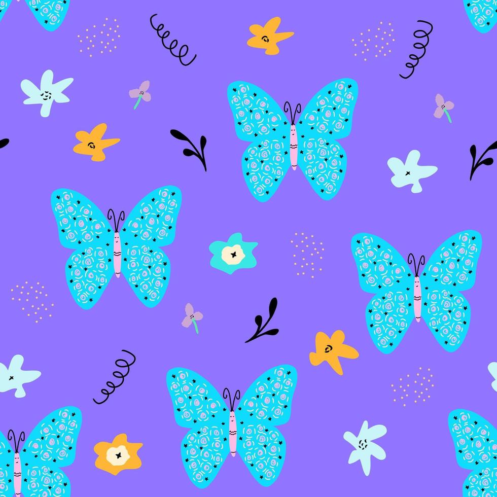 sin costura modelo con resumen flores y mariposas,infantil impresión para papel pintado, niños tela, vivero interior, bebé ducha ilustración en garabatear estilo, cumpleaños decoración en Violeta antecedentes. vector