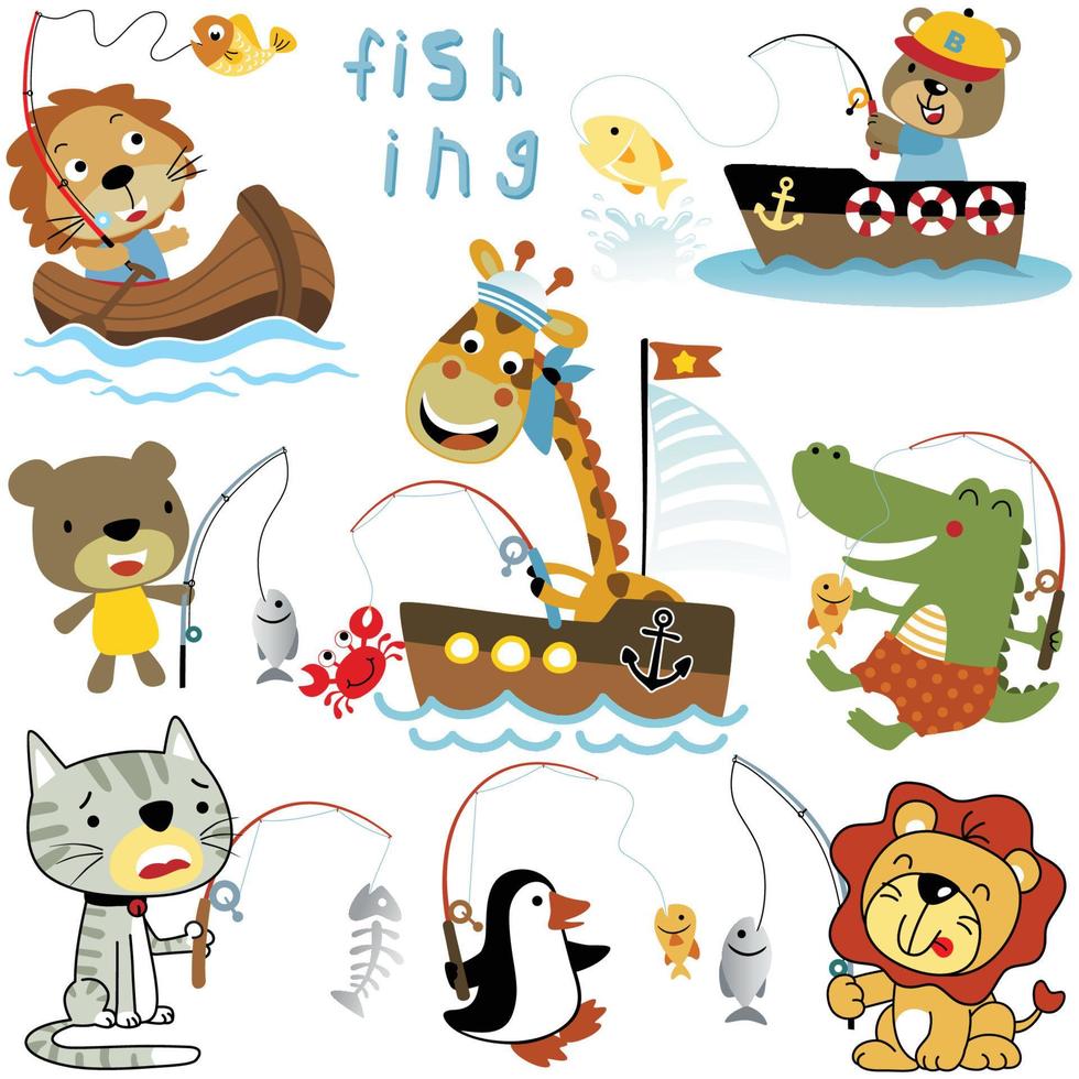 Vector set of funny animals cartoon in fishing activity