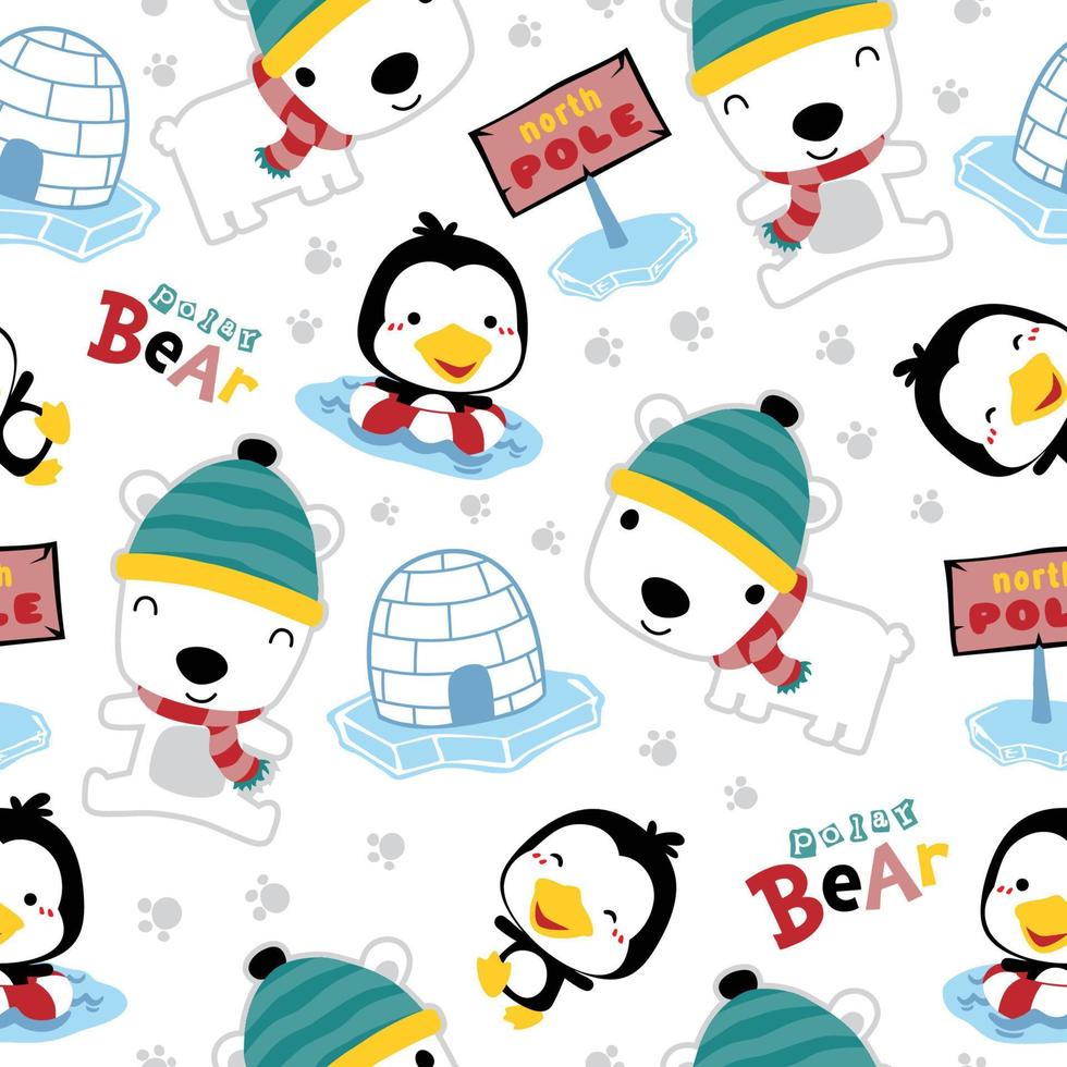 Seamless pattern of polar bear cartoon with cute penguin, north pole element illustration vector