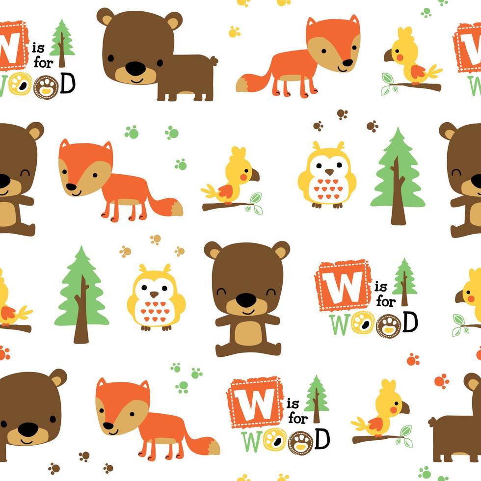 Seamless pattern of woods animals cartoon vector