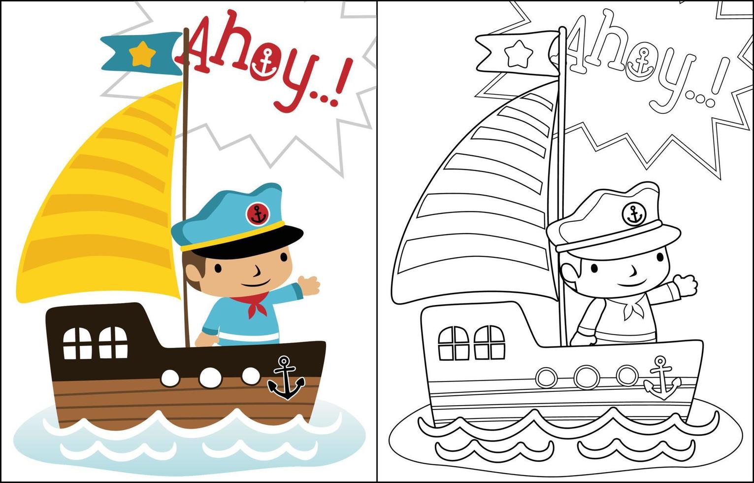 Cartoon vector of little sailor on sailboat, coloring book or page