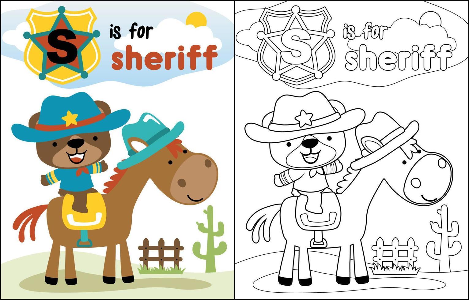 Cute bear cartoon in sheriff costume riding horse, coloring book or page vector