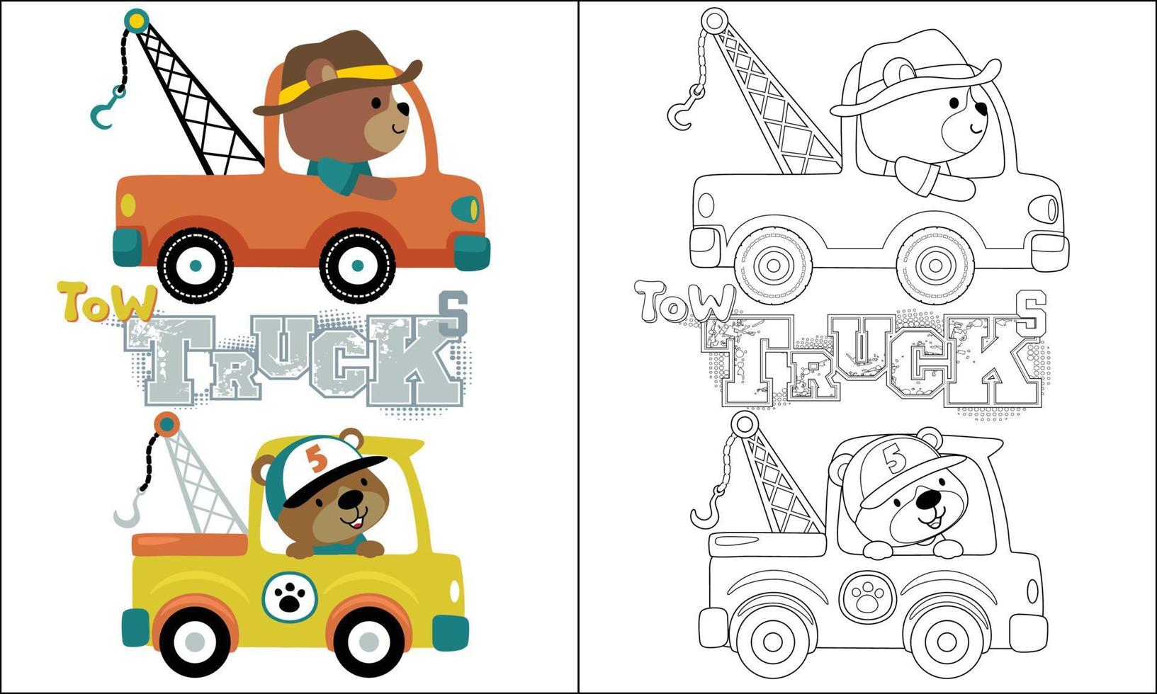 coloring book of funny bear driving tow truck, vector cartoon illustration