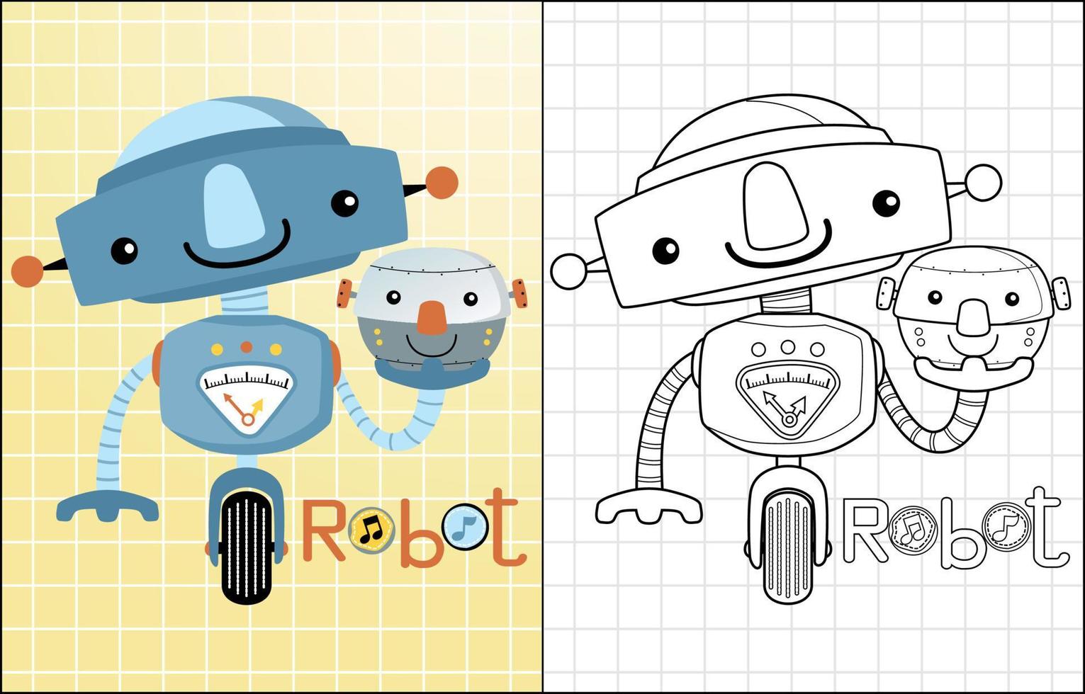 Vector illustration of funny robots cartoon, coloring book or page