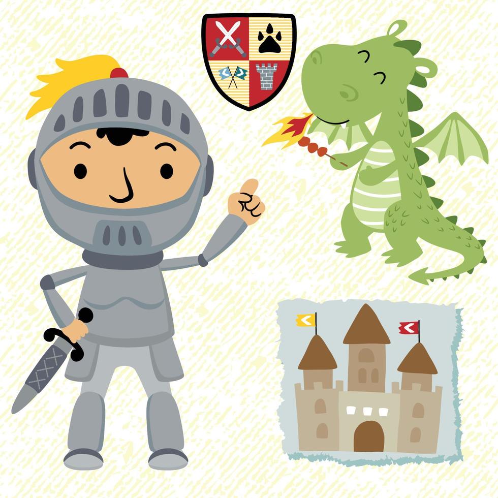 Vector illustration of knight and dragon cartoon with little castle, fairytale element illustration