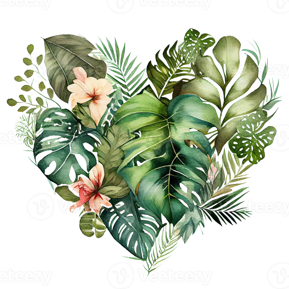 heart shaped tropical leaf bouquet, Romantic heart vignette made of vintage tropical leaves gentle retro style watercolor painting, PNG transparent background, .