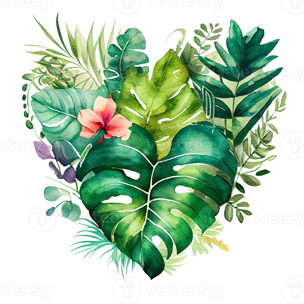 heart shaped tropical leaf bouquet, Romantic heart vignette made of vintage tropical leaves gentle retro style watercolor painting, PNG transparent background, .