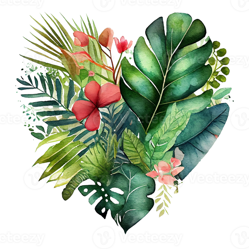 heart shaped tropical leaf bouquet, Romantic heart vignette made of vintage tropical leaves gentle retro style watercolor painting, PNG transparent background, .