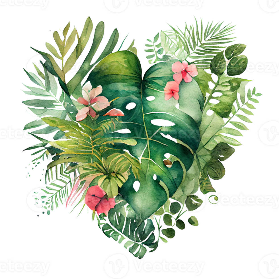 heart shaped tropical leaf bouquet, Romantic heart vignette made of vintage tropical leaves gentle retro style watercolor painting, PNG transparent background, .