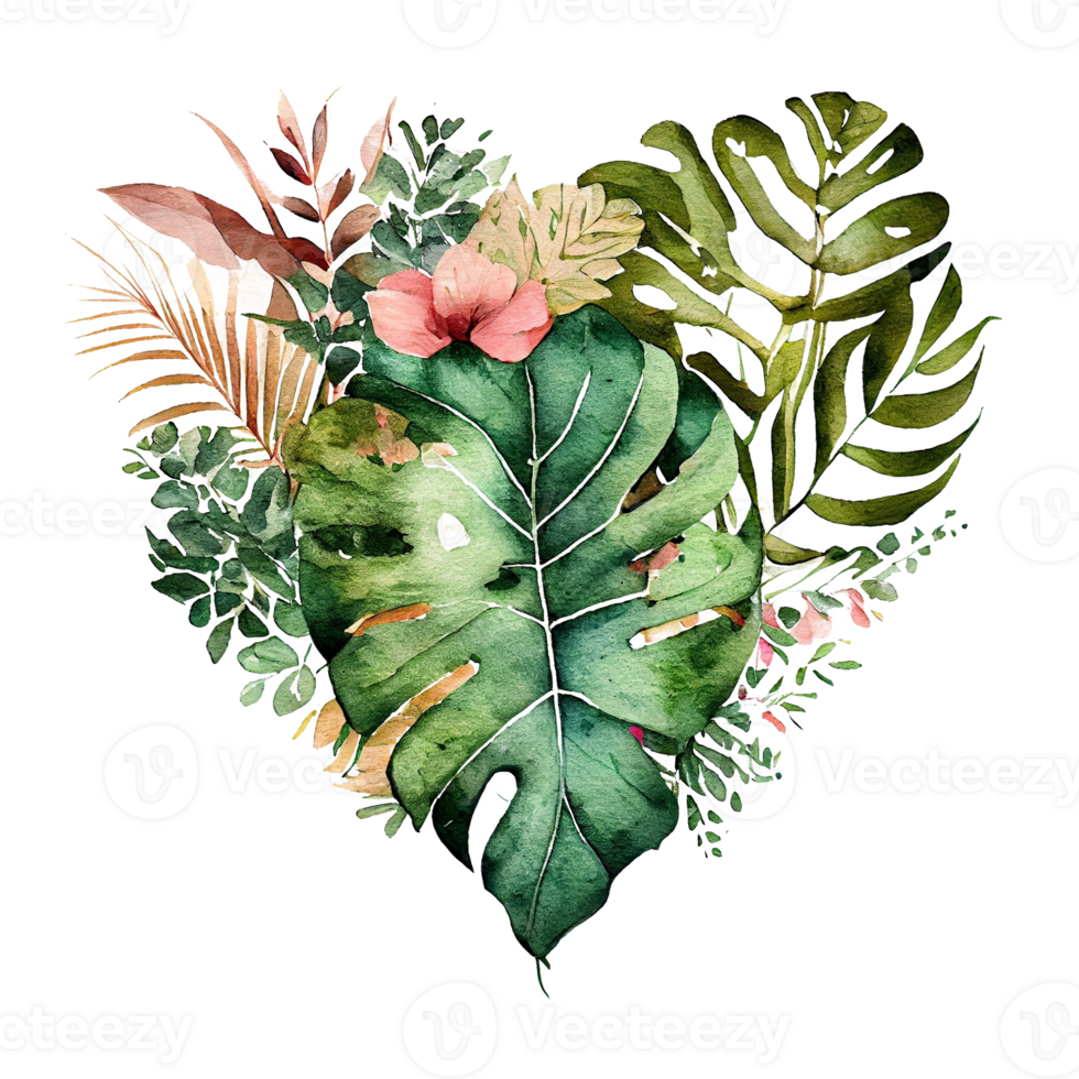 heart shaped tropical leaf bouquet, Romantic heart vignette made of vintage tropical leaves gentle retro style watercolor painting, PNG transparent background, .