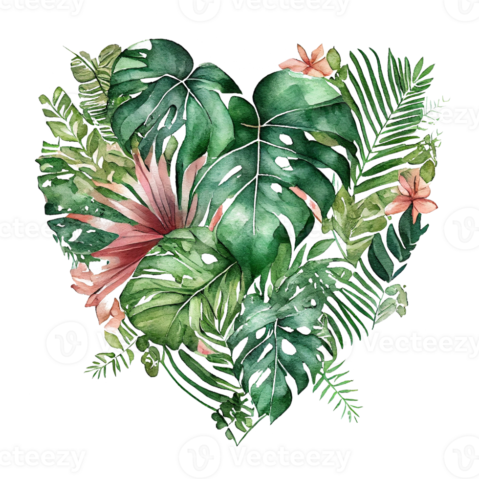 heart shaped tropical leaf bouquet, Romantic heart vignette made of vintage tropical leaves gentle retro style watercolor painting, PNG transparent background, .