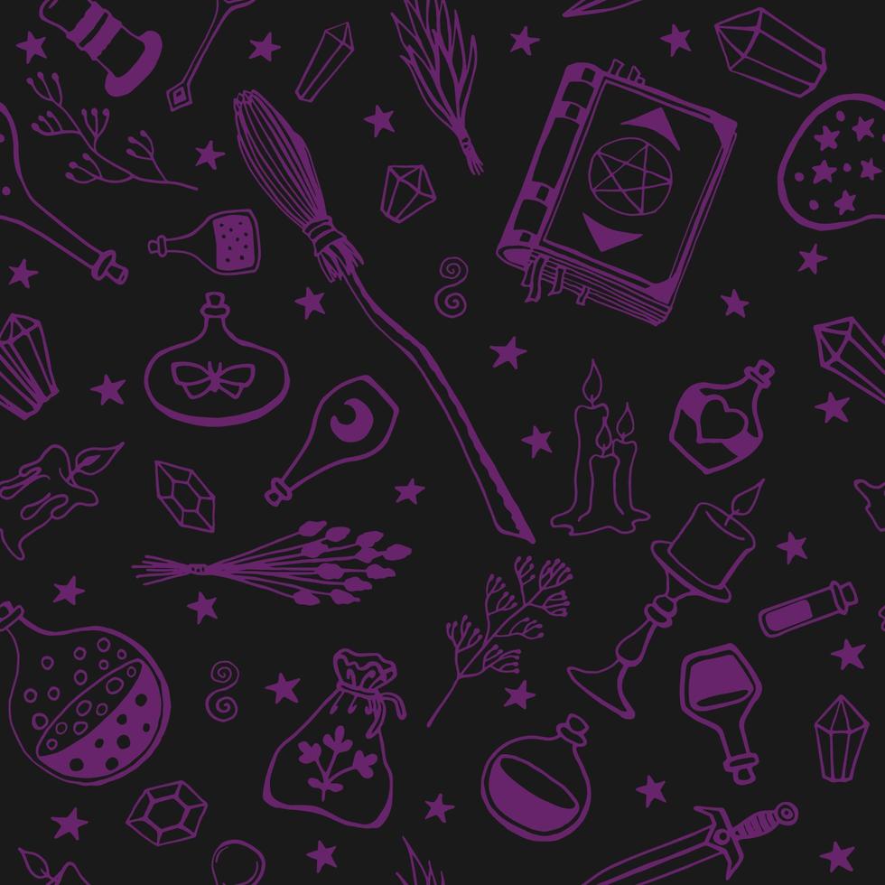 Seamless pattern with hand drawn magic tools, concept of witchcraft. Witchcraft, magic background for witches and wizards. vector