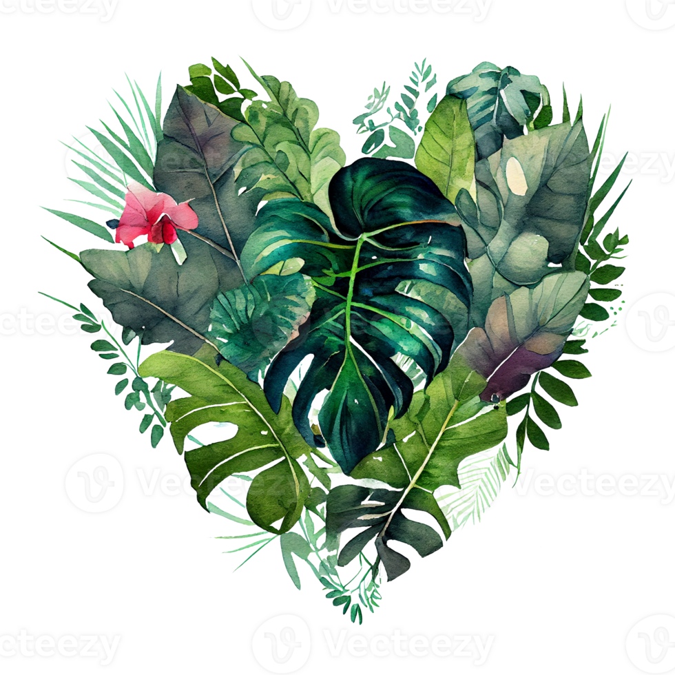 heart shaped tropical leaf bouquet, Romantic heart vignette made of vintage tropical leaves gentle retro style watercolor painting, PNG transparent background, .