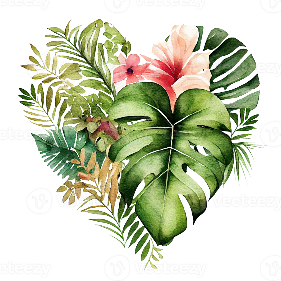 heart shaped tropical leaf bouquet, Romantic heart vignette made of vintage tropical leaves gentle retro style watercolor painting, PNG transparent background, .