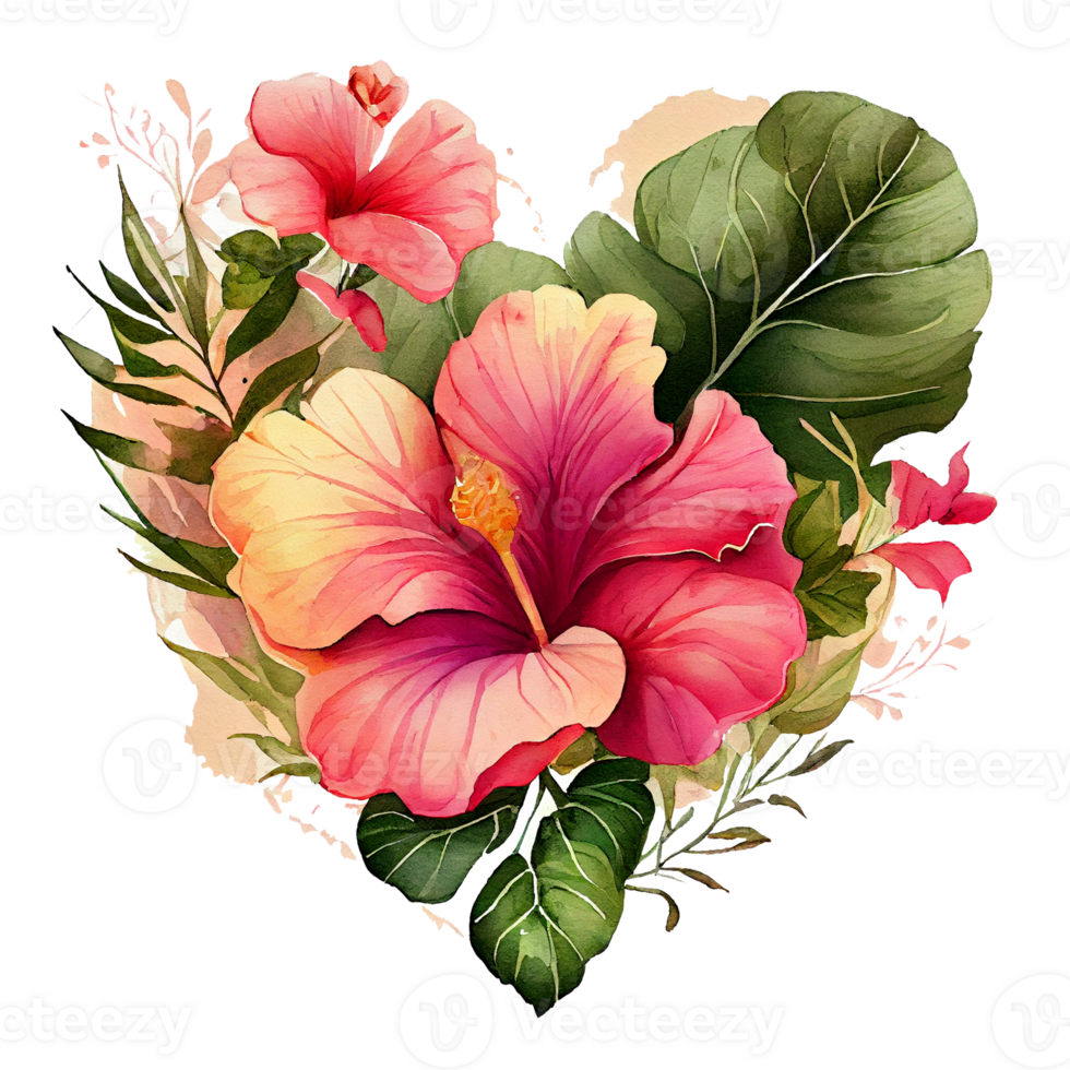 heart shaped hibiscus bouquet, Romantic heart vignette made of vintage flowers and leaves of hibiscus in gentle retro style watercolor painting, PNG transparent background, .