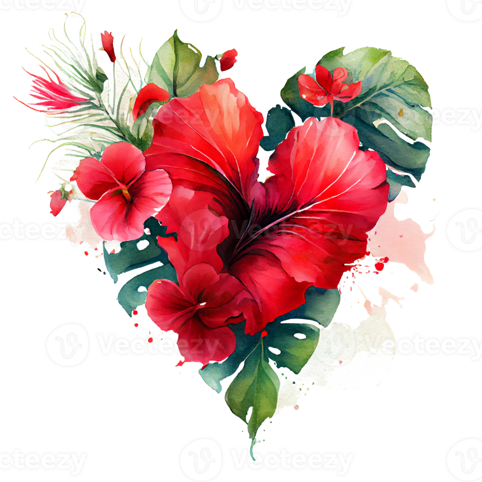 heart shaped hibiscus bouquet, Romantic heart vignette made of vintage flowers and leaves of hibiscus in gentle retro style watercolor painting, PNG transparent background, .