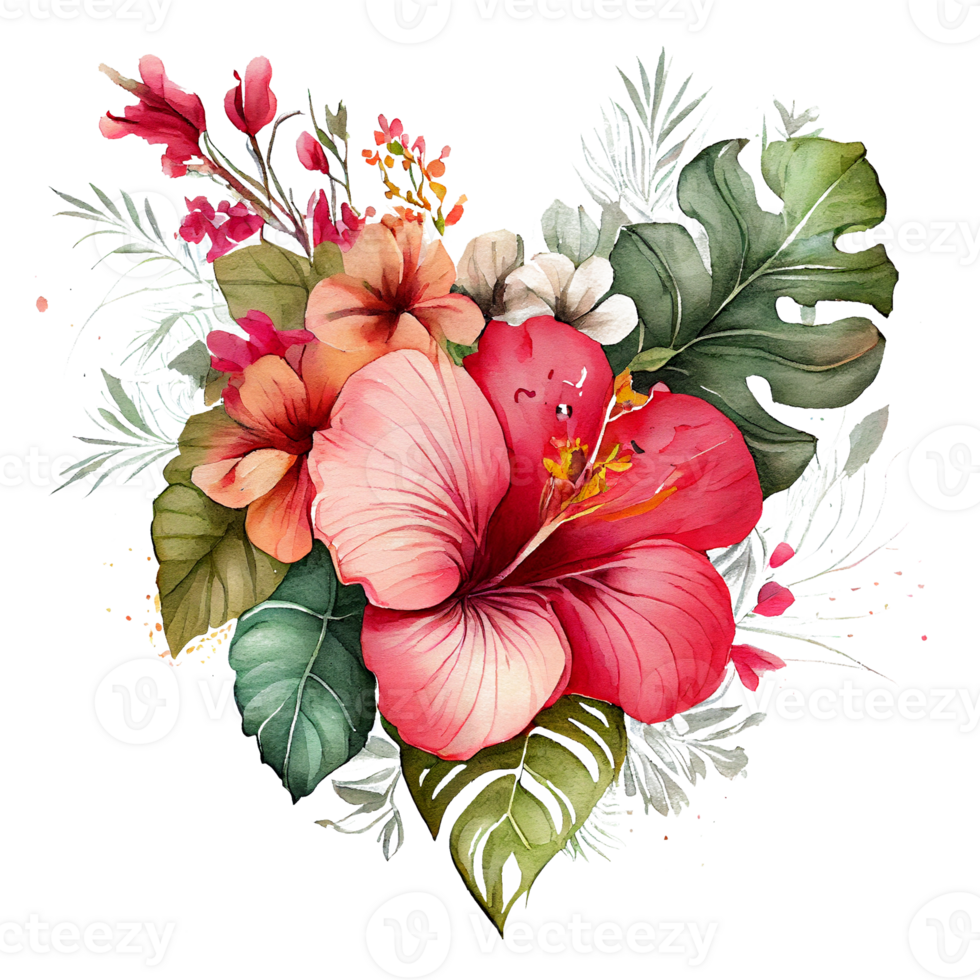 heart shaped hibiscus bouquet, Romantic heart vignette made of vintage flowers and leaves of hibiscus in gentle retro style watercolor painting, PNG transparent background, .