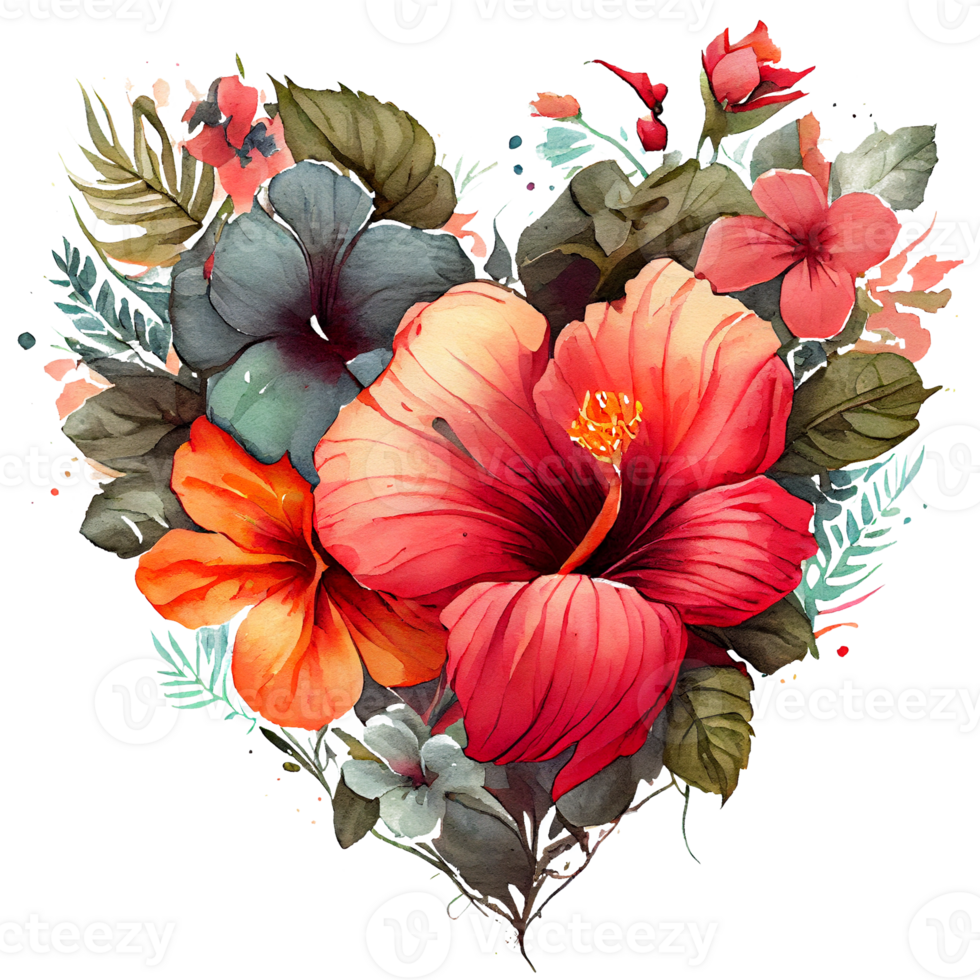 heart shaped hibiscus bouquet, Romantic heart vignette made of vintage flowers and leaves of hibiscus in gentle retro style watercolor painting, PNG transparent background, .