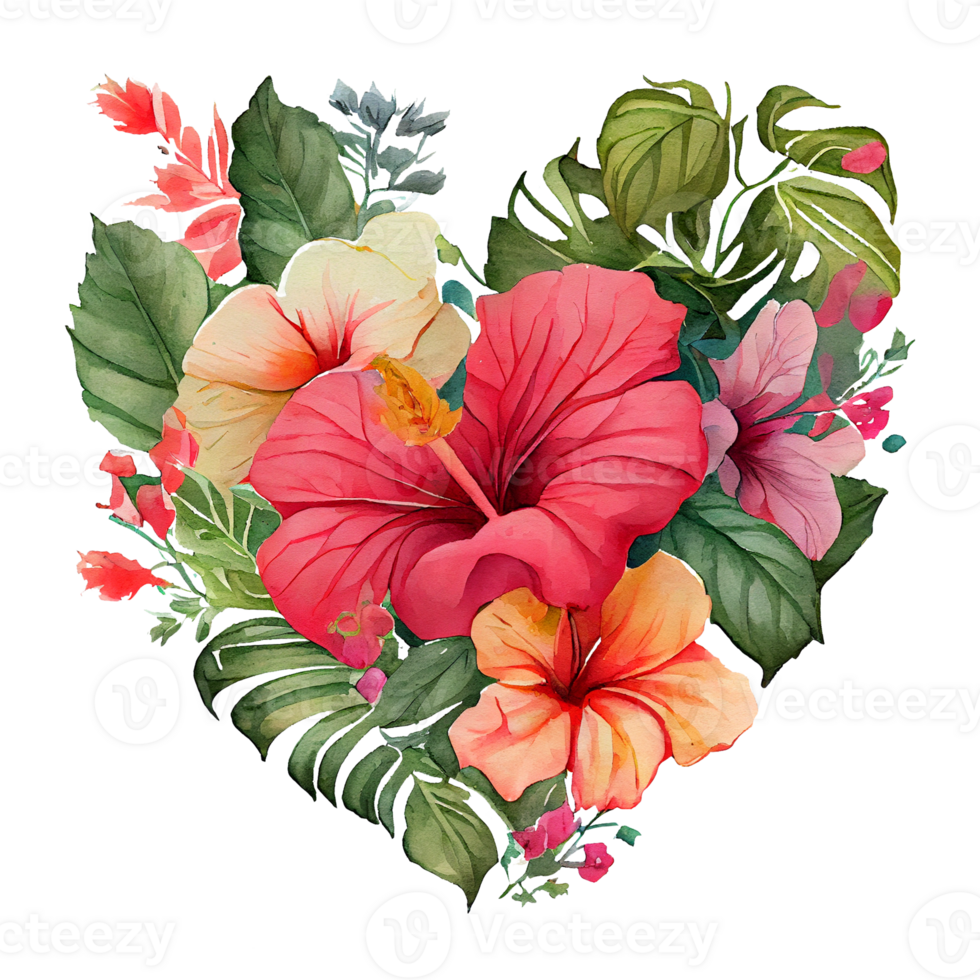 heart shaped hibiscus bouquet, Romantic heart vignette made of vintage flowers and leaves of hibiscus in gentle retro style watercolor painting, PNG transparent background, .