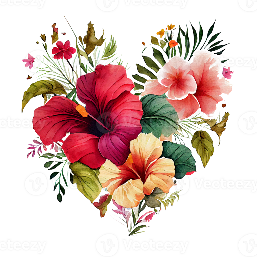 heart shaped hibiscus bouquet, Romantic heart vignette made of vintage flowers and leaves of hibiscus in gentle retro style watercolor painting, PNG transparent background, .