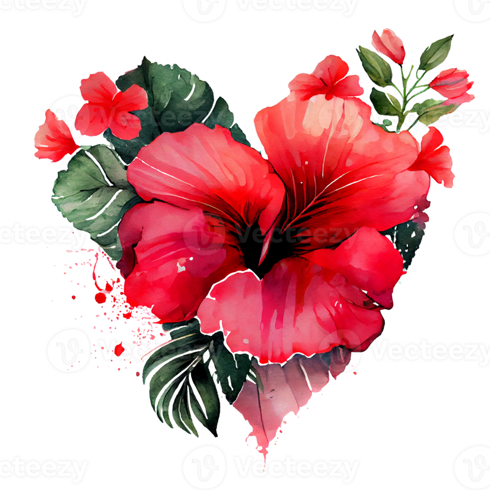 heart shaped hibiscus bouquet, Romantic heart vignette made of vintage flowers and leaves of hibiscus in gentle retro style watercolor painting, PNG transparent background, .