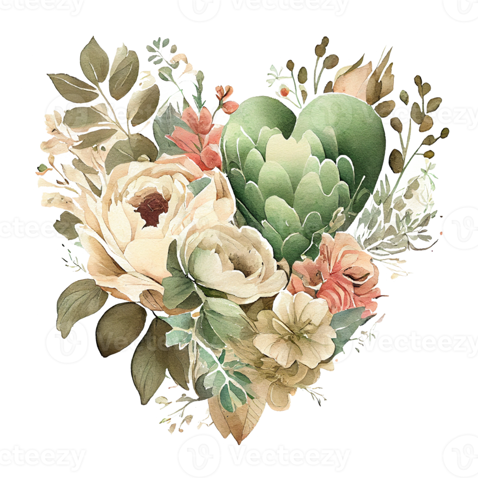 heart shaped Sage Green and Ivory Flowers bouquet, Romantic heart vignette made of vintage flowers and leaves, Sage Green and Ivory Flowers in gentle retro style watercolor painting, PNG transparent