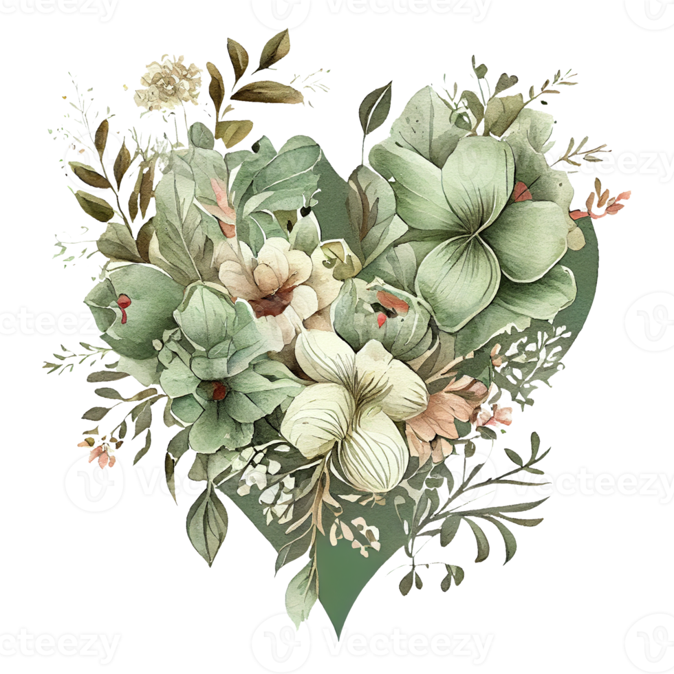 heart shaped Sage Green and Ivory Flowers bouquet, Romantic heart vignette made of vintage flowers and leaves, Sage Green and Ivory Flowers in gentle retro style watercolor painting, PNG transparent