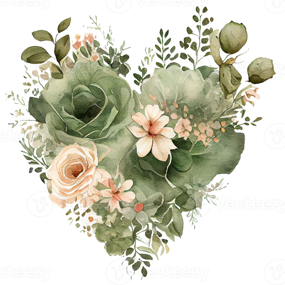 heart shaped Sage Green and Ivory Flowers bouquet, Romantic heart vignette made of vintage flowers and leaves, Sage Green and Ivory Flowers in gentle retro style watercolor painting, PNG transparent