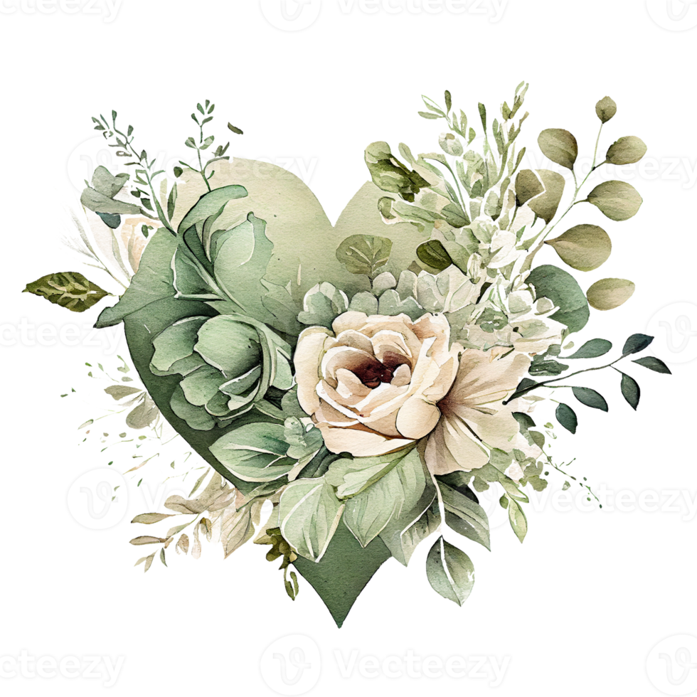 heart shaped Sage Green and Ivory Flowers bouquet, Romantic heart vignette made of vintage flowers and leaves, Sage Green and Ivory Flowers in gentle retro style watercolor painting, PNG transparent