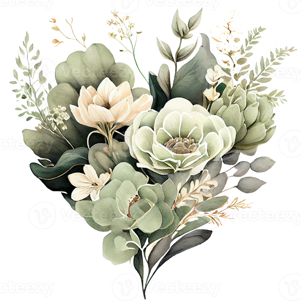 heart shaped Sage Green and Ivory Flowers bouquet, Romantic heart vignette made of vintage flowers and leaves, Sage Green and Ivory Flowers in gentle retro style watercolor painting, PNG transparent