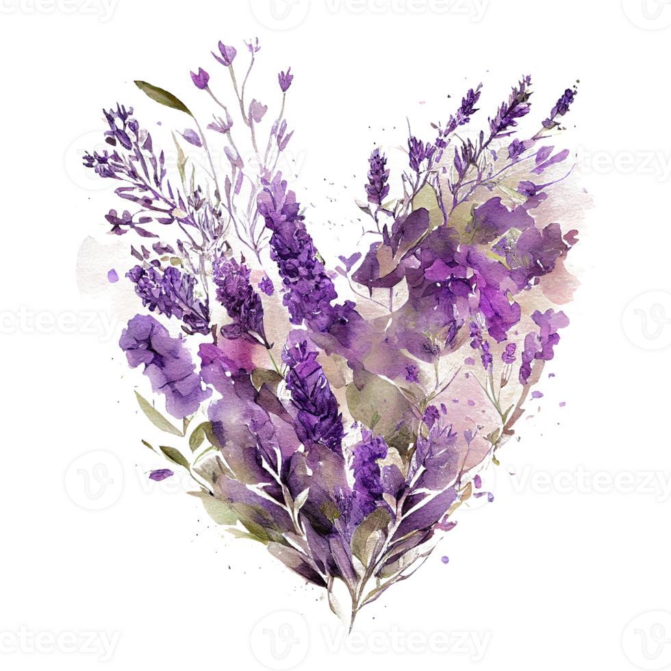 heart shaped purple Lavender bouquet, Romantic heart vignette made of vintage flowers and leaves of Lavender in gentle retro style watercolor painting, PNG transparent background, .