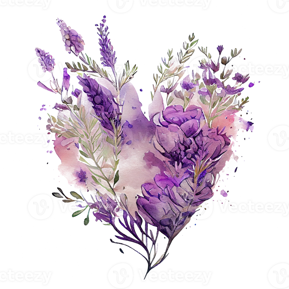 heart shaped purple Lavender bouquet, Romantic heart vignette made of vintage flowers and leaves of Lavender in gentle retro style watercolor painting, PNG transparent background, .