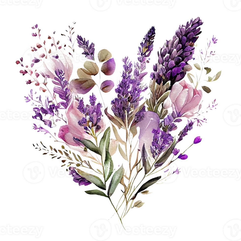 heart shaped purple Lavender bouquet, Romantic heart vignette made of vintage flowers and leaves of Lavender in gentle retro style watercolor painting, PNG transparent background, .