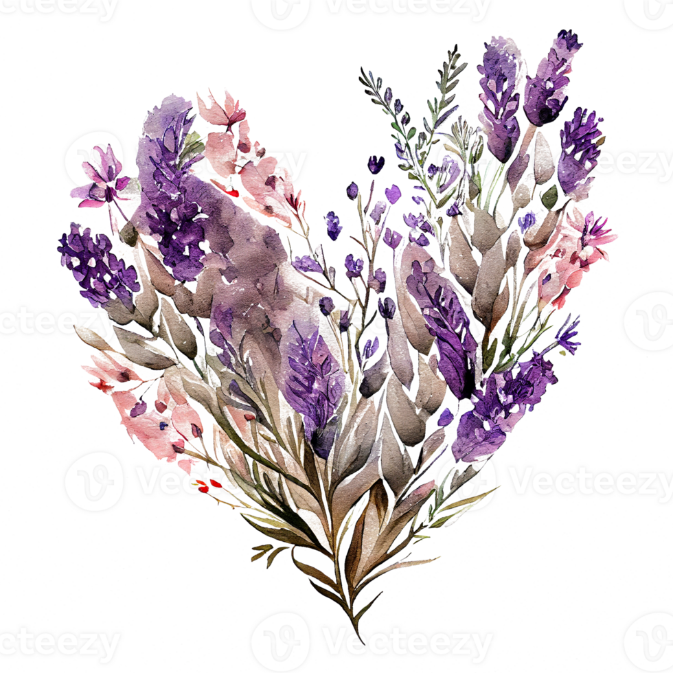 heart shaped purple Lavender bouquet, Romantic heart vignette made of vintage flowers and leaves of Lavender in gentle retro style watercolor painting, PNG transparent background, .
