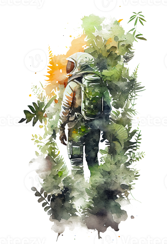 watercolor astronaut with plants forest . png