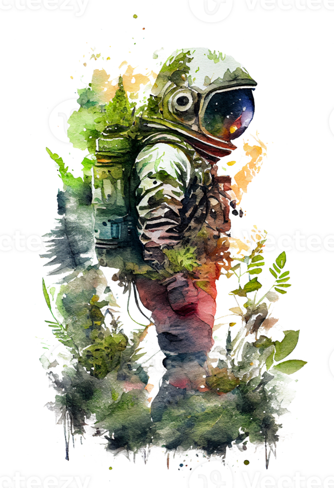 watercolor astronaut with plants forest . png