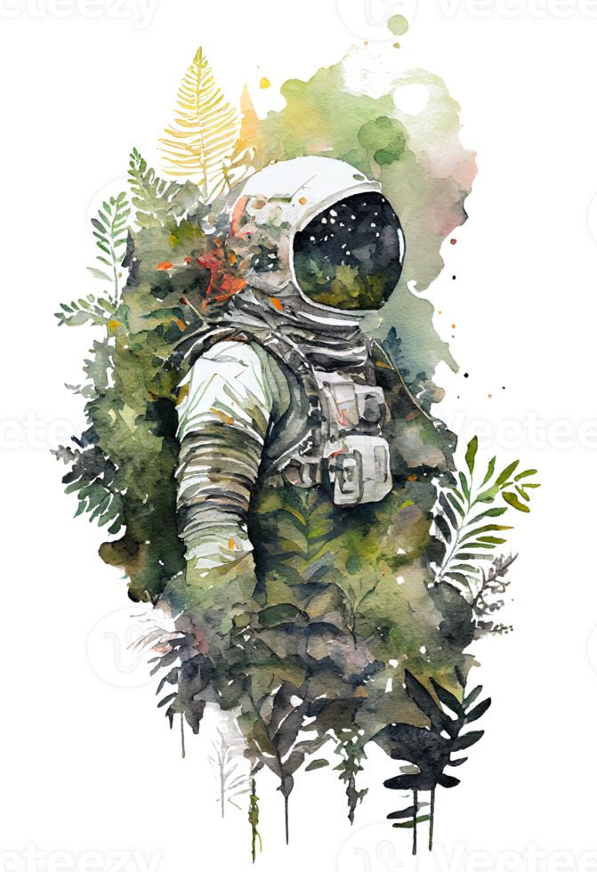 watercolor astronaut with plants forest . png
