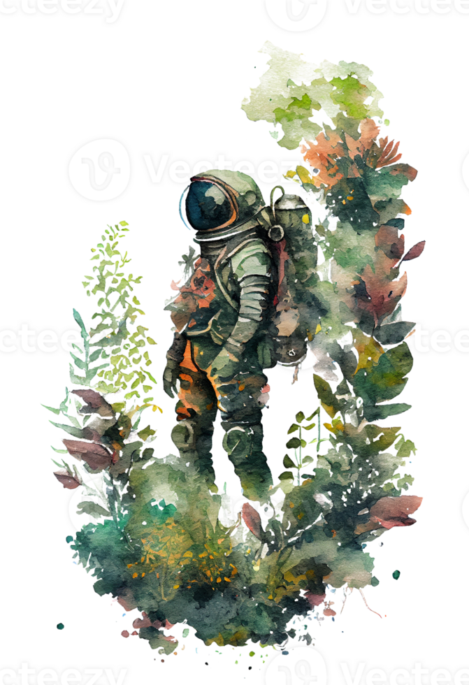 watercolor astronaut with plants forest . png