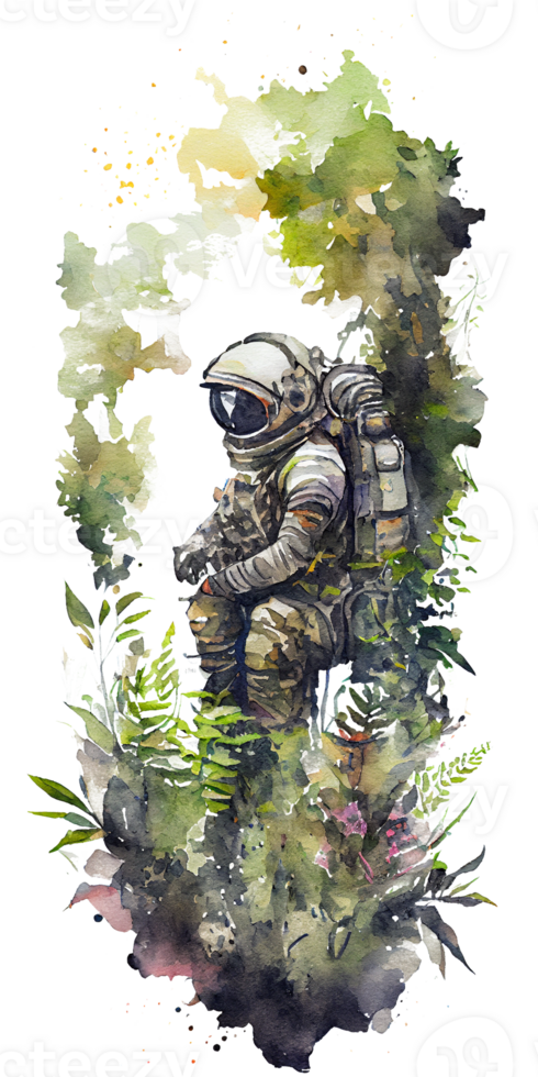 watercolor astronaut with plants forest . png