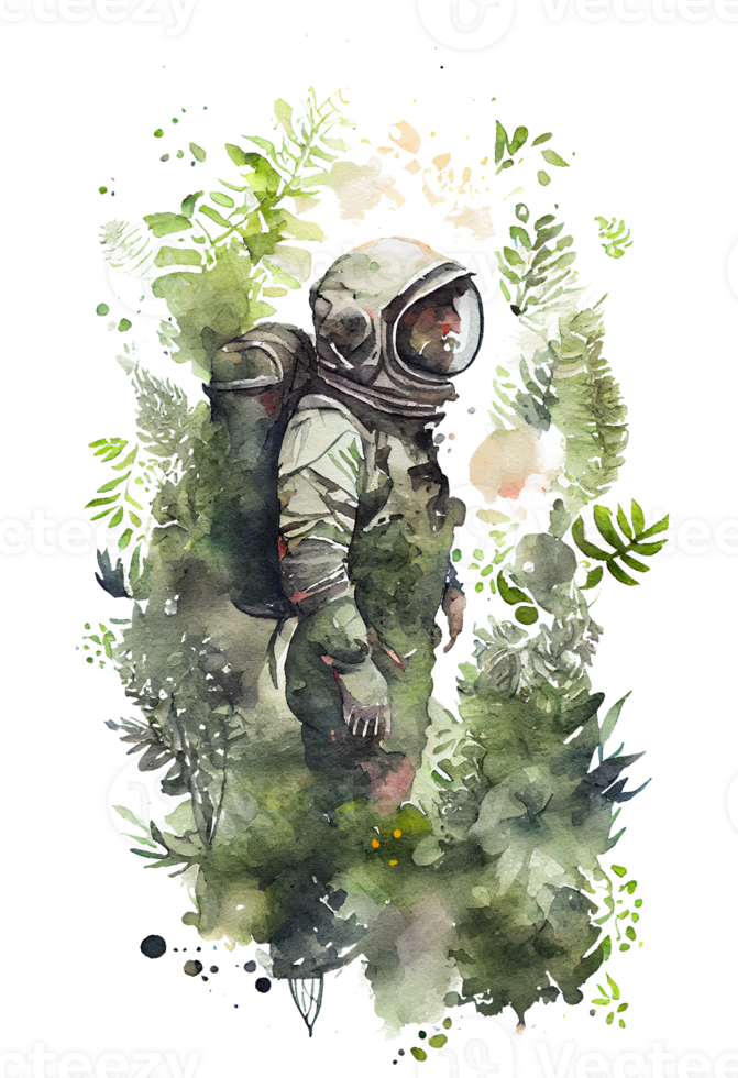 watercolor astronaut with plants forest . png