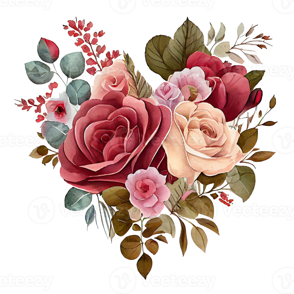 hart vormig roos boeket, romantisch hart vignet gemaakt van wijnoogst bloemen en bladeren van rozen in teder retro stijl waterverf schilderen, PNG transparant achtergrond, generatief ai.
