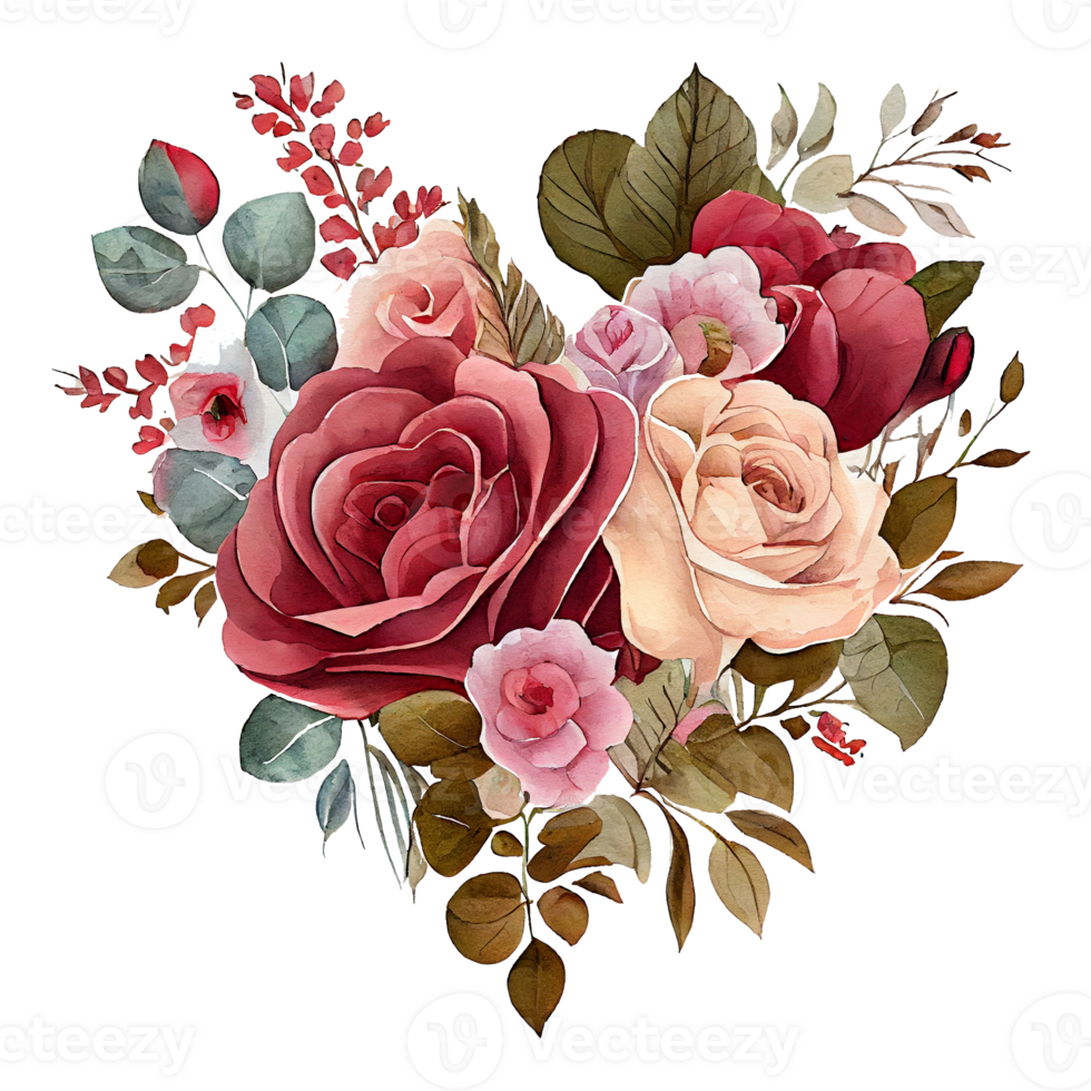 heart shaped rose bouquet, Romantic heart vignette made of vintage flowers and leaves of roses in gentle retro style watercolor painting, PNG transparent background, .